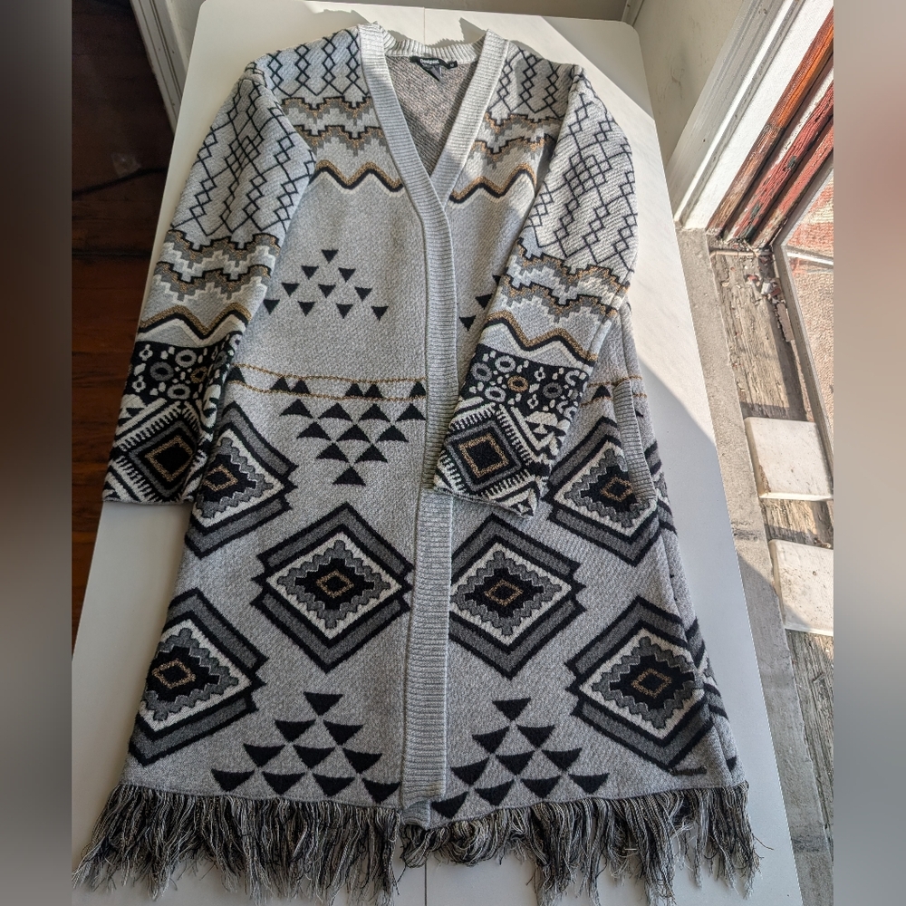 RARE Desigual 2018 Long Nairobi Cardigan Boho Aztec Jacquard Knit Fringe S/M